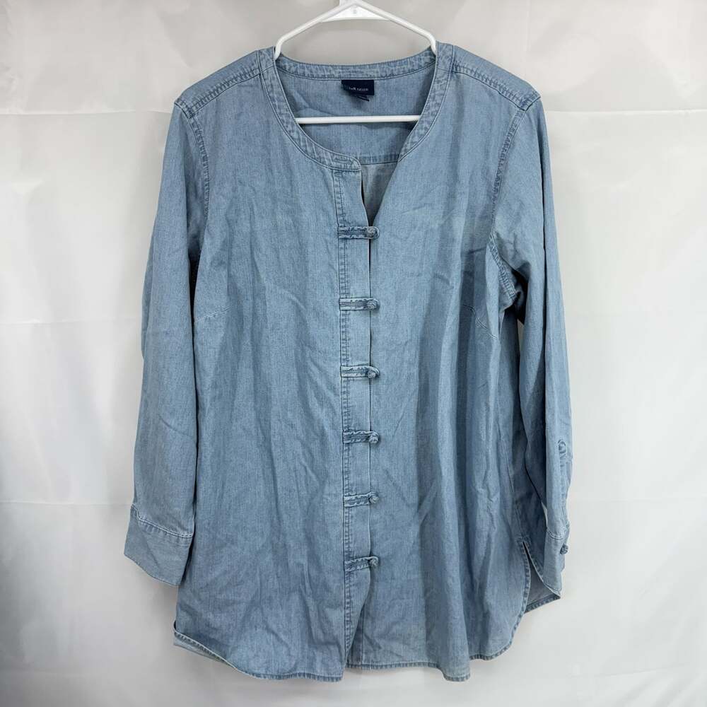 J Jill Women 1X Denim Top Chambray Blue Button Front Long Sleeve Lightweight
